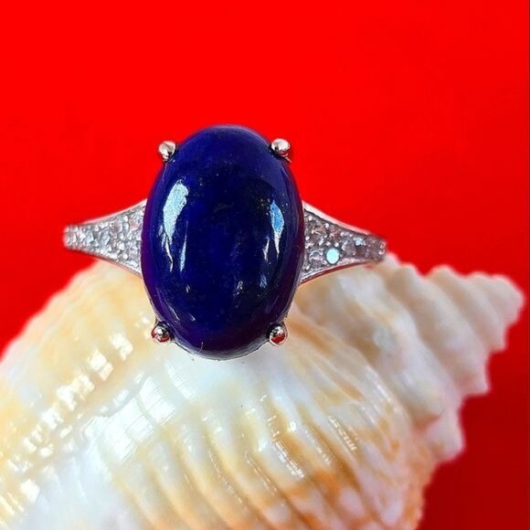 Natural Lapis Lazuli & CZ 925 Sterling Silver Ring - Picture 1 of 8